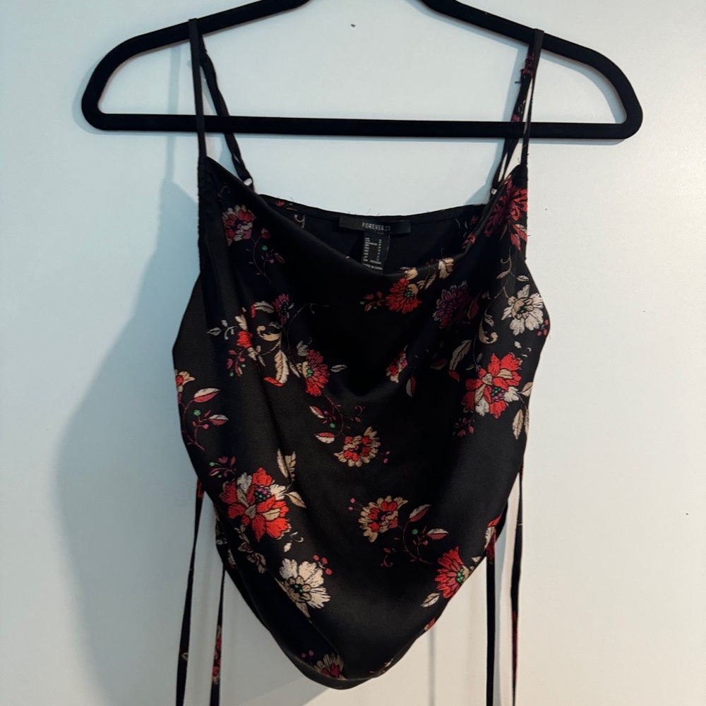 Forever 21 Black Satin Floral Cowl Neck Camisole with Red and Cream Flowers